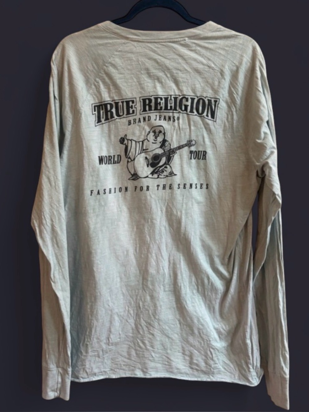 True Religion Logo Buddha Graphic World Tour Henley Long Sleeve Cotton Shirt Top